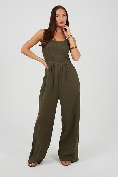 Ladies Scoop Neckline Jumpsuit - Khaki