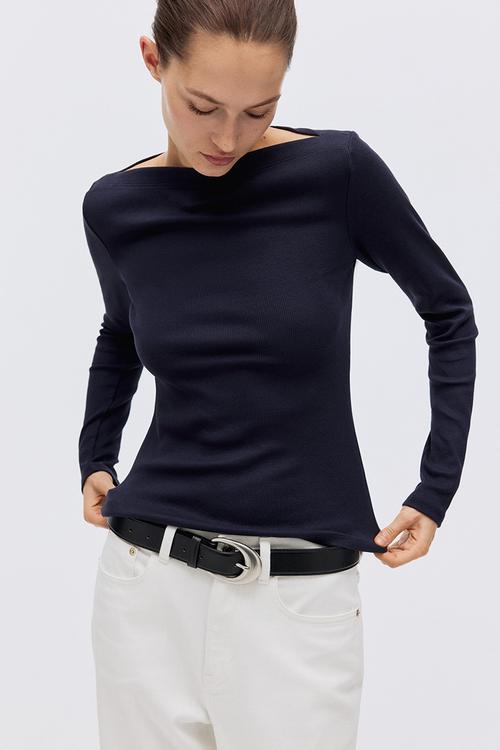 Ribbed boat-neck top - navy blue