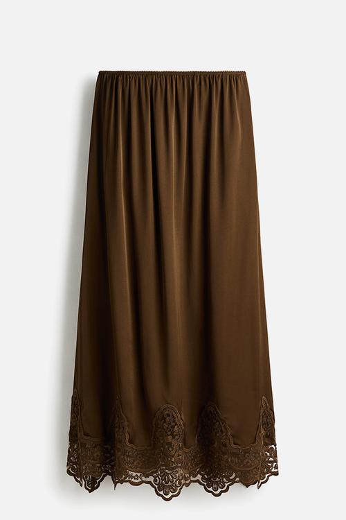 Lace-trimmed satin skirt - brown