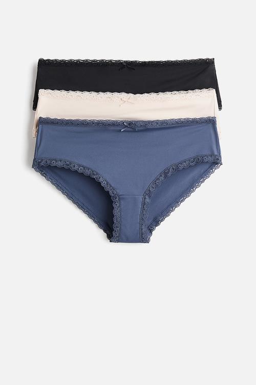 3-pack lace-trimmed hipster briefs - dark blue/light pink/black