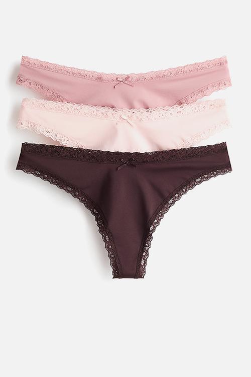 3-pack lace-trimmed thong briefs - dark brown/pink/light pink