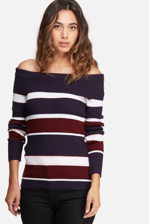 Off shoulder striped skinny knit