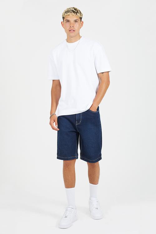 MENS WASHED DENIM SHORT WITHTURN UP AT THE HEM. UGANDADB - DARK BLUE WASH