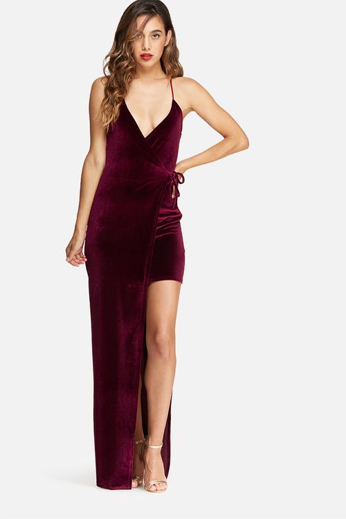 Velvet strappy side split maxi dress