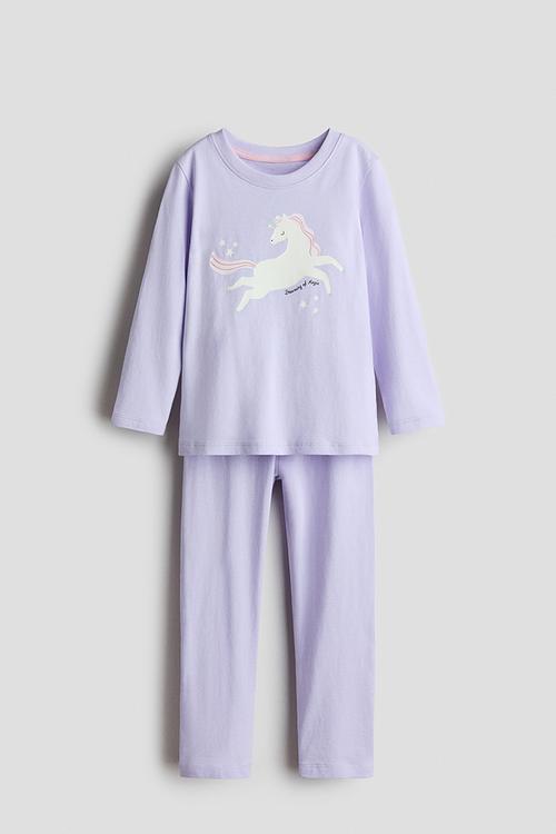Printed cotton pyjamas - purple/unicorn