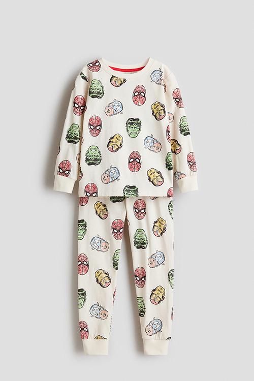 Printed cotton jersey pyjamas - cream/marvel comics