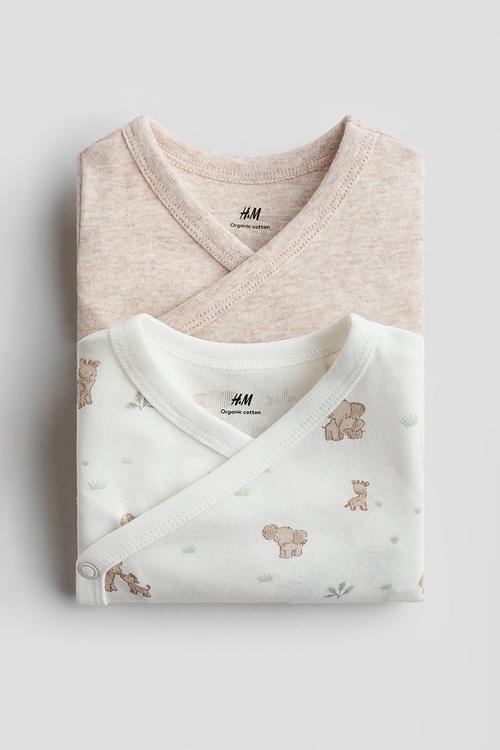 2-pack cotton wrapover bodysuits - light beige/animals
