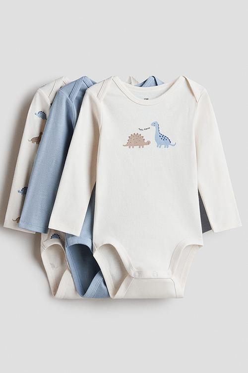 3-pack printed jersey bodysuits - blue/dinosaurs
