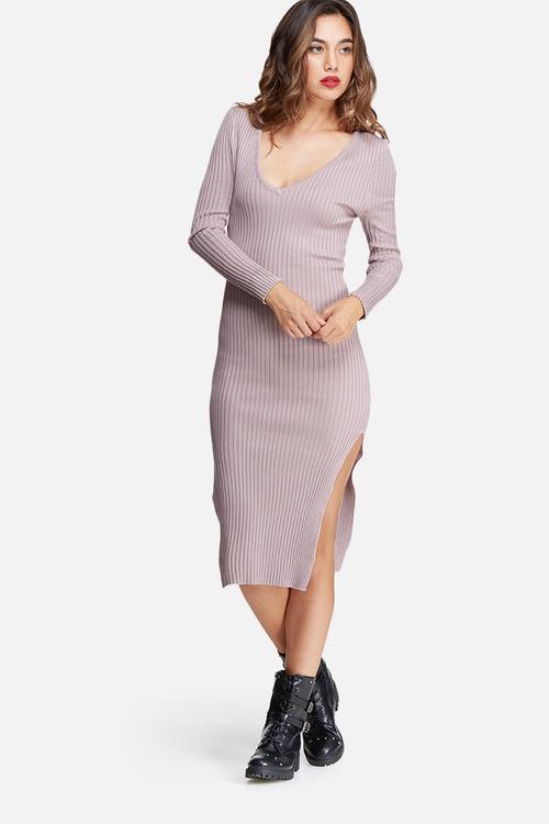 V neck side split midi dress