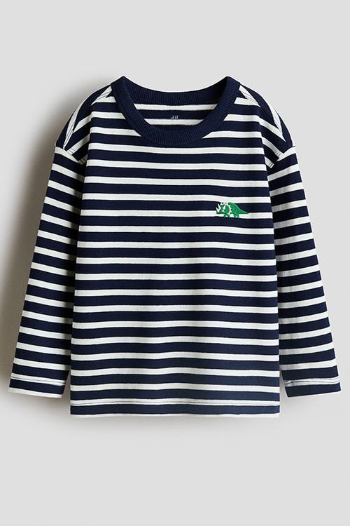 Long-sleeved cotton t-shirt - navy blue/dinosaur