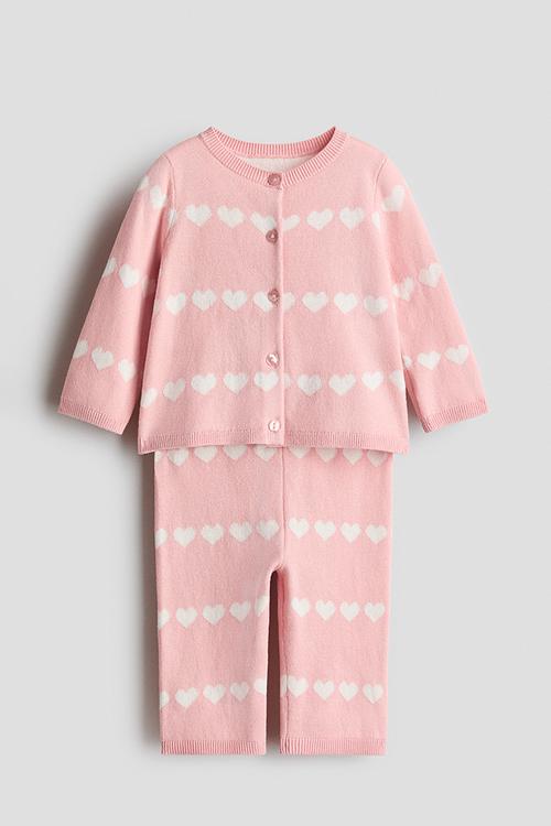 2-Piece fine-knit cotton set - light pink/hearts