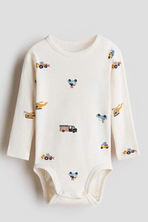 Printed cotton bodysuit - cream/vehicles