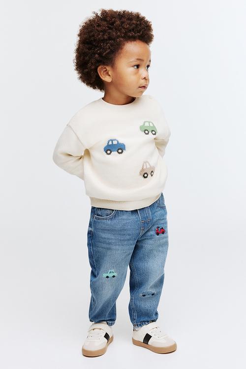 Embroidery-motif jeans - denim blue/vehicles