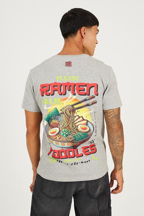  SCRAN Ramen big back print Tee - LIGHT GREY MARL / MULTI-COLOUR PRINT