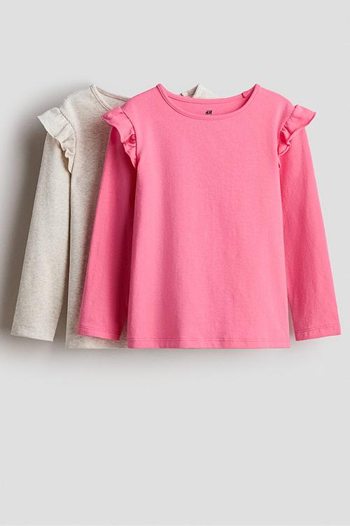 2-Pack frill-trimmed jersey tops - light beige marl/hot pink