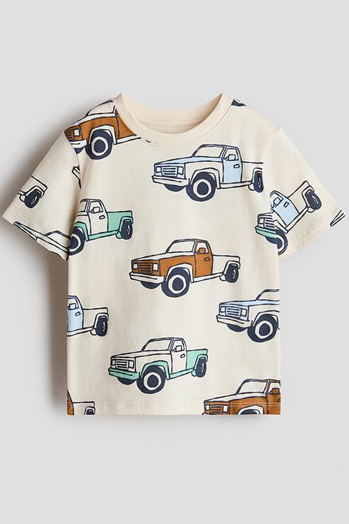 Printed cotton t-shirt - light beige/cars