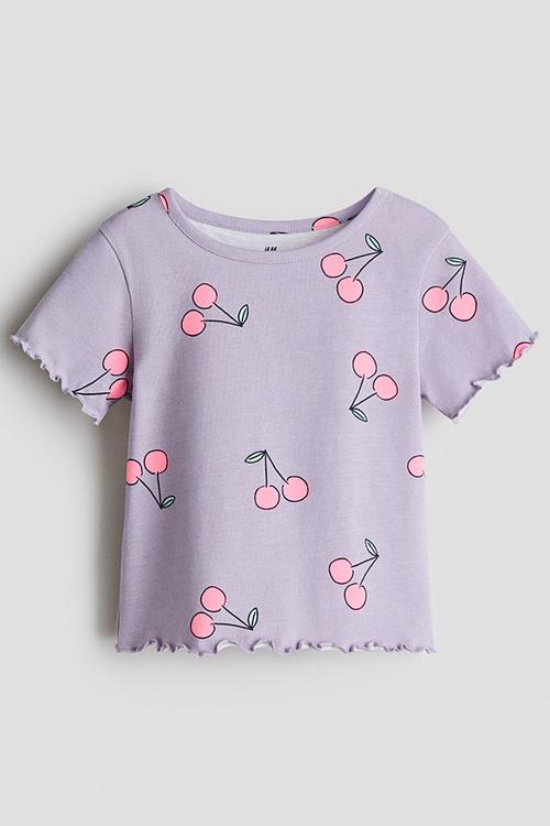 Overlock-detail cotton top - light dusty purple/cherries