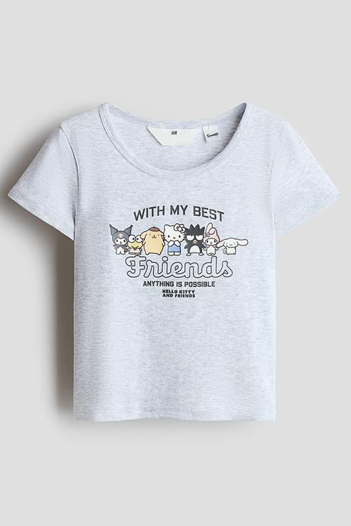 Print-motif cotton jersey top - light grey marl/hello kitty