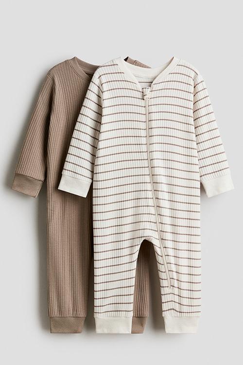 2-Pack cotton sleepsuits - dark beige/striped