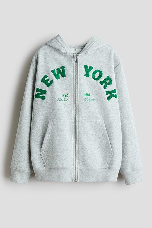 Motif-detail zip-trough hoodie - grey marl/new york