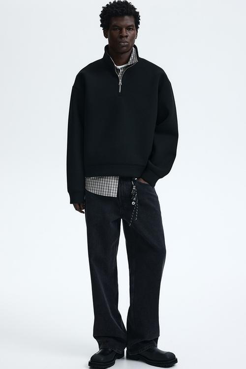 Loose fit zip-top scuba sweatshirt - black