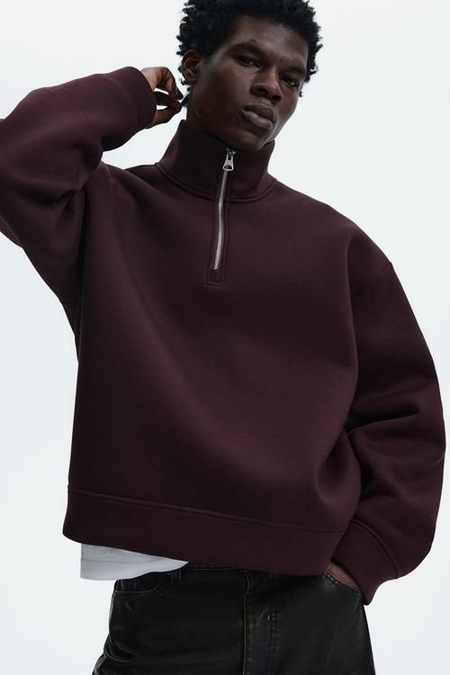 Loose fit zip-top scuba sweatshirt - burgundy