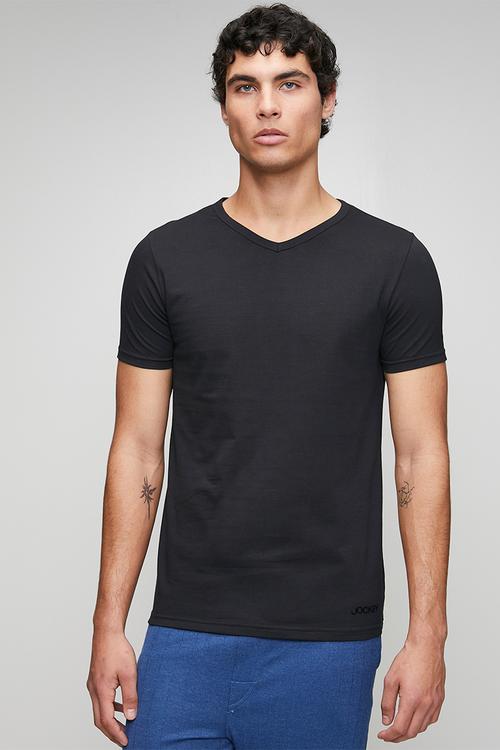 1Pk Jockey Mens Plain Classic Cotton Stretch S/Slve V Neck Undershirt With Vinyl Branding - Black