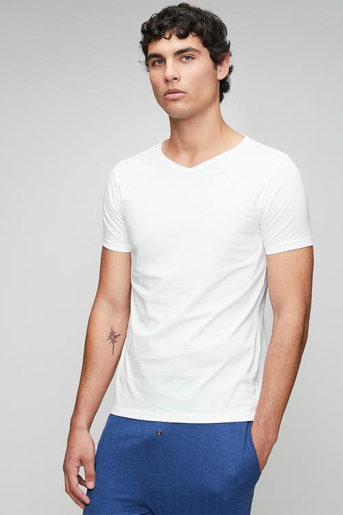 1Pk Jockey Mens Plain Classic Cotton Stretch S/Slve V Neck Undershirt With Vinyl Branding - White