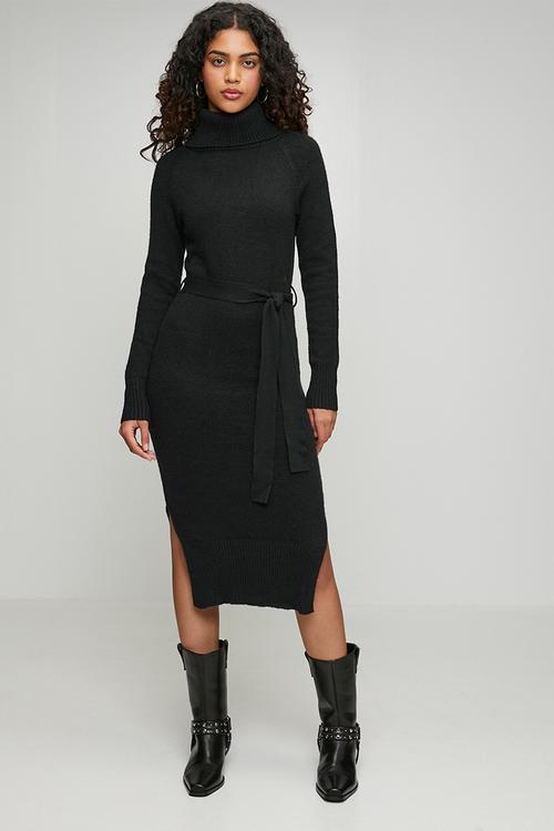 Belted Waist Knitted Shift Dress - Black