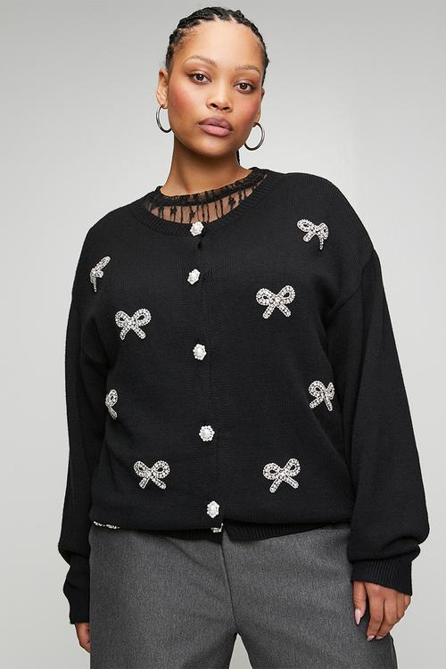 Plus Heavyweight Cardigan in 3D Bows - Black