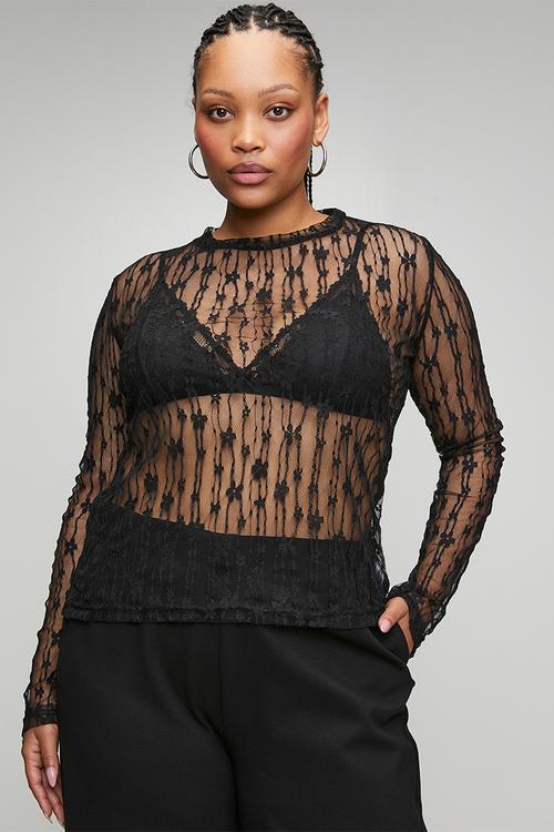 Plus Longsleeve Top Flower Lace - Black