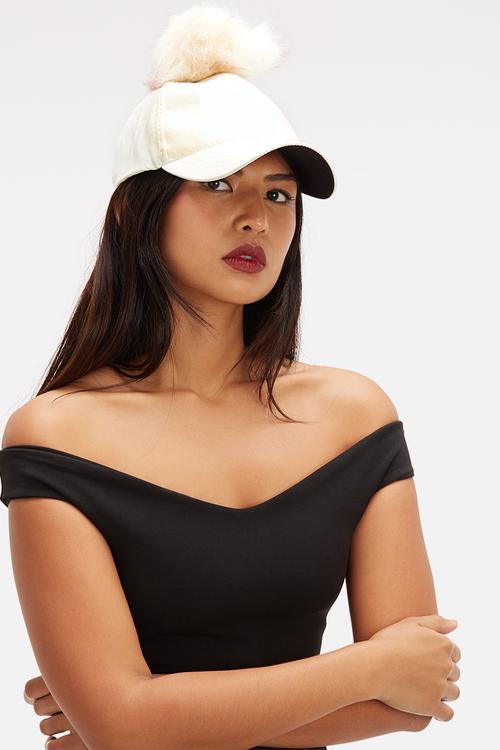 Faux leather pom pom hat