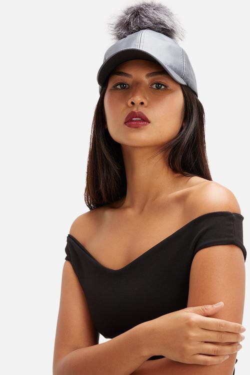 Faux leather pom pom hat