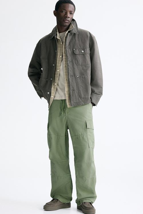 Relaxed fit cotton cargo trousers - khaki green