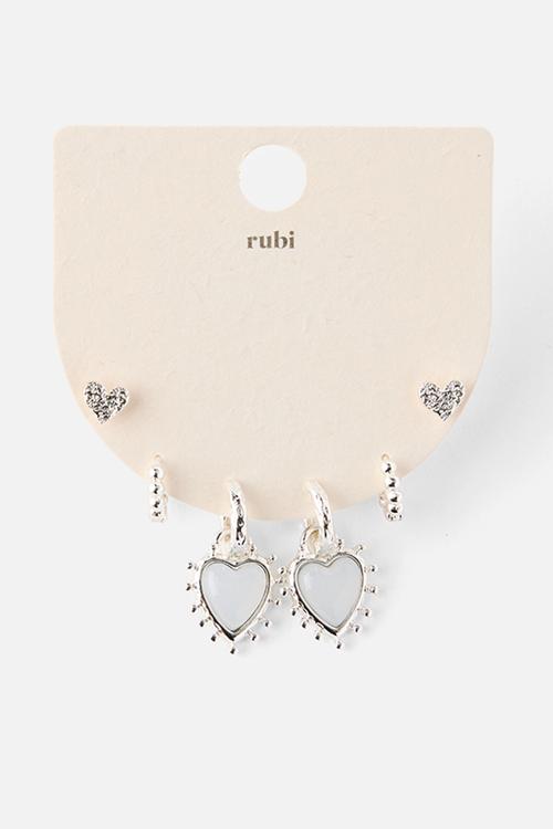 3 Pack Mid Earring - Up Silver Dotted Heart Stone