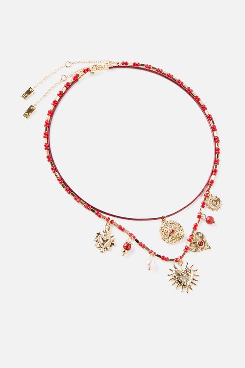 2Pk Pendant Necklace - Up Mix Charm And Bead Burgundy