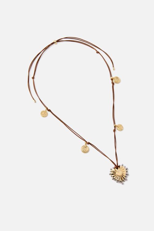 Cord Pendant Necklace - Up Gold Bursting Heart Brown