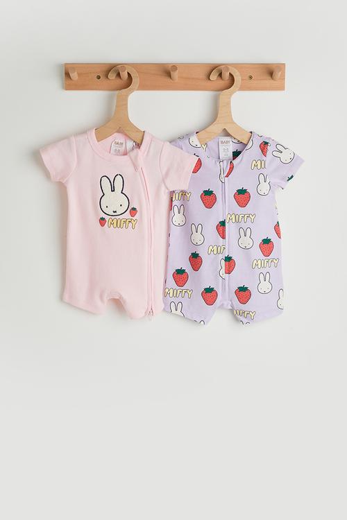 2 Pack The Short Sleeve Zip Romper License - Lcn Mif Vintage Lilac/Miffy Berries & Lcn Mif Tea Party Pink/Miffy