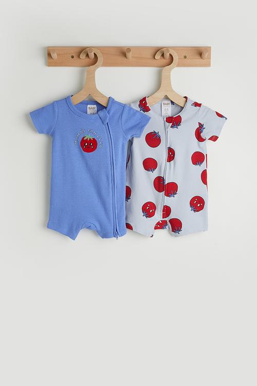 2 Pack The Short Sleeve Zip Romper - Ice Blue/Tomato Smile