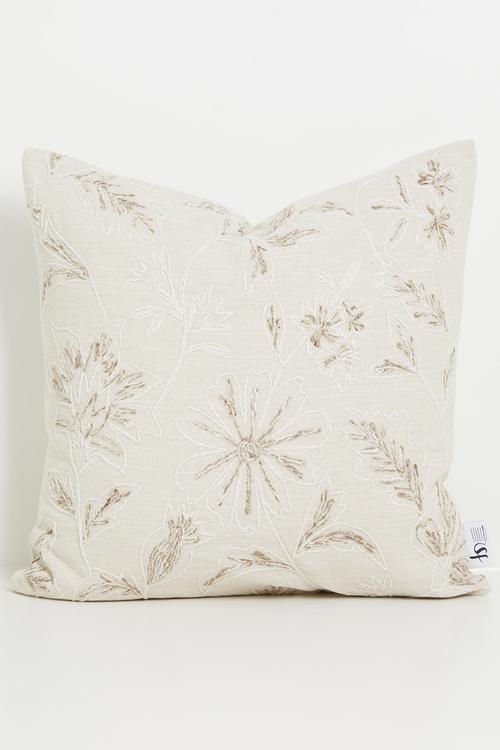 Cotton Embroidered Floral Cushion Cover - Natural