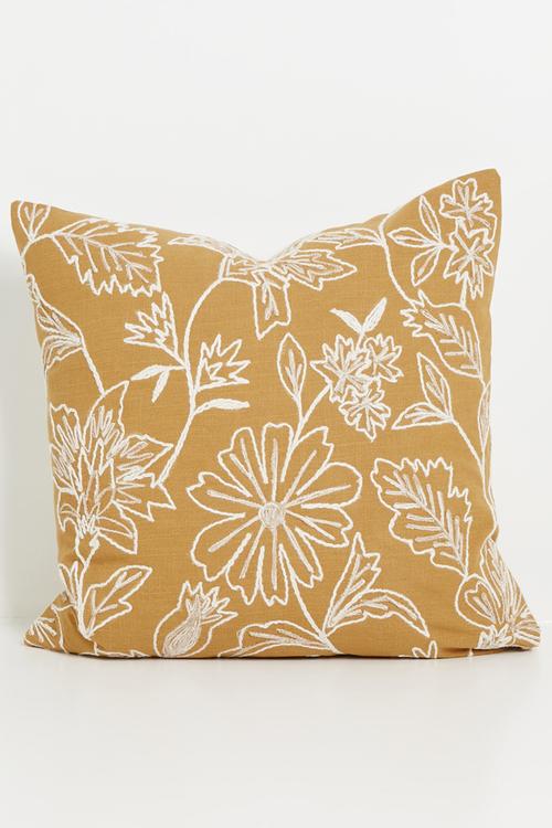 Cotton Embroidered Floral Cushion Cover - Mustard