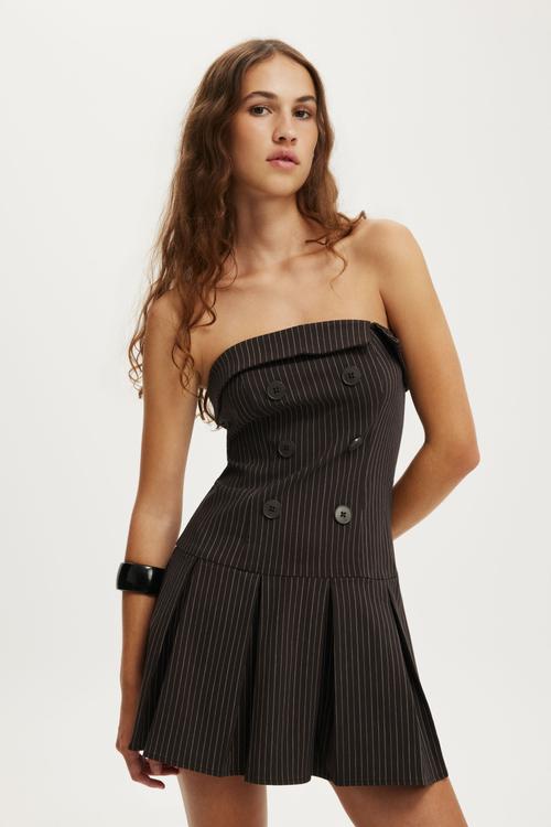 Strapless Suiting Mini Dress - Bonnie Pinstripe Dark Oak