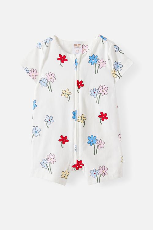 The Short Sleeve Zip Romper - Vanilla/Meadow Floral