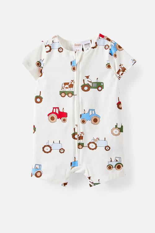 The Short Sleeve Zip Romper - Vanilla/Farmer S Truck