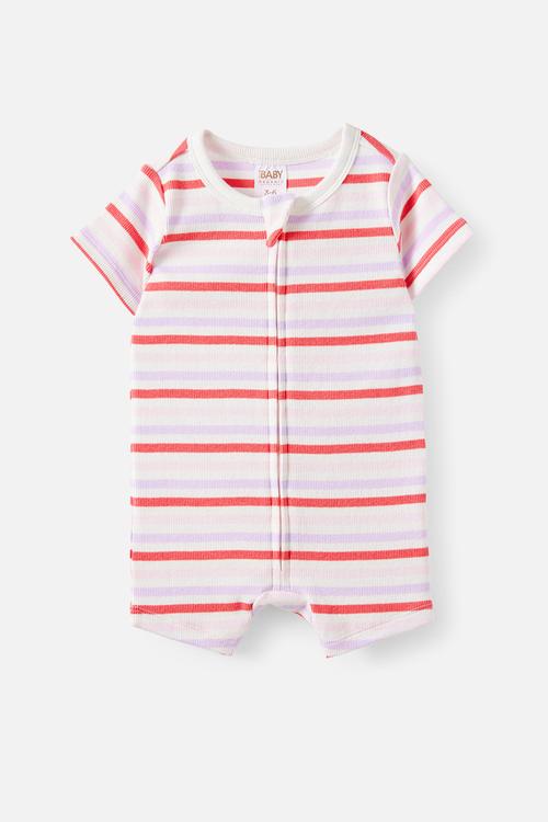 The Short Sleeve Zip Romper - Vanilla-Coral Red/Bowie Stripe