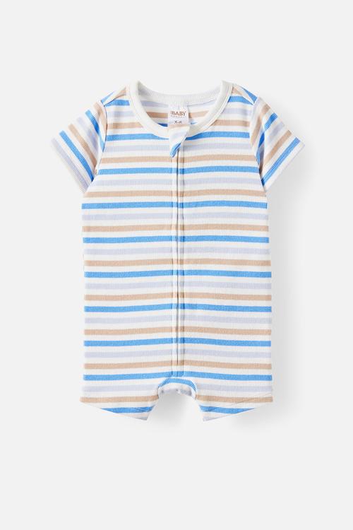 The Short Sleeve Zip Romper - Vanilla-Blue Bonnet/Bowie Stripe