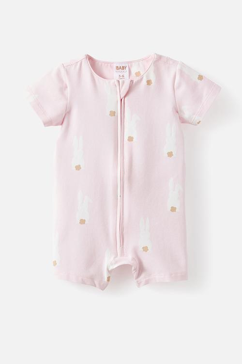 The Short Sleeve Zip Romper - Tea Party Pink/Bunny Tails
