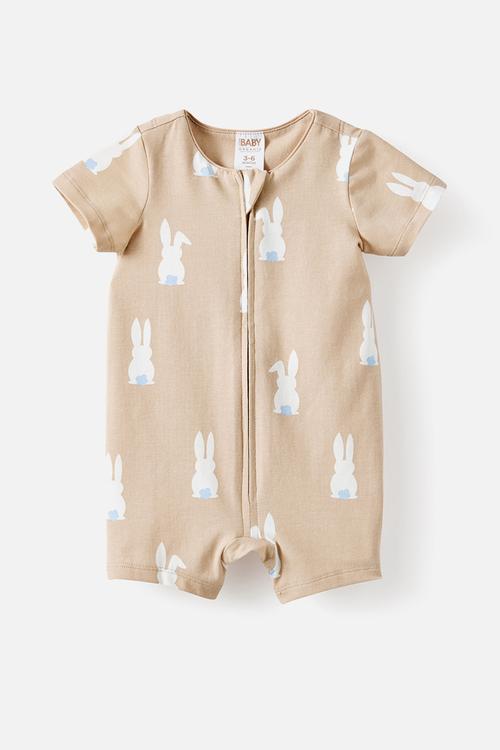 The Short Sleeve Zip Romper - Latte Cream/Bunny Tails