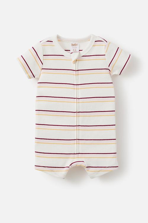 The Short Sleeve Zip Romper - Vanilla-Tea Party Pink/Max Stripe