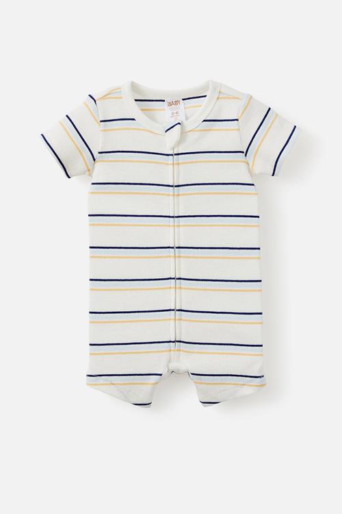 The Short Sleeve Zip Romper - Vanilla-Blue Whisper/Max Stripe